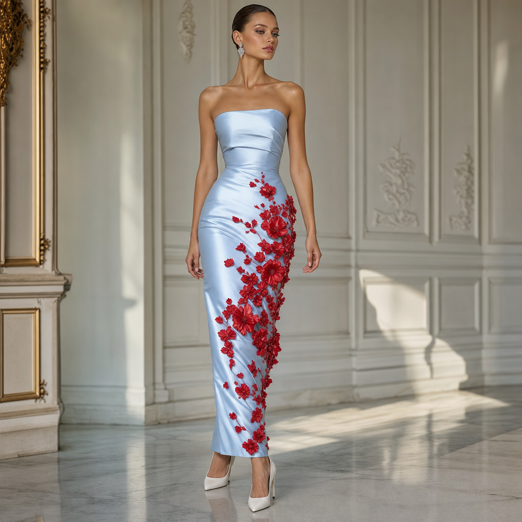 Light blue long tight satin strapless dress. Red 3-d flowers on bottom half dress and plain and tight on top. White high heel shoe.
Haute Couture fashion design: **Light blue satin strapless gown, form-fitting silhouette. Hand-applied red three-dimensional floral embellishments bloom across the skirt. Smooth, sculpted bodice. Paired with white high heels.**
