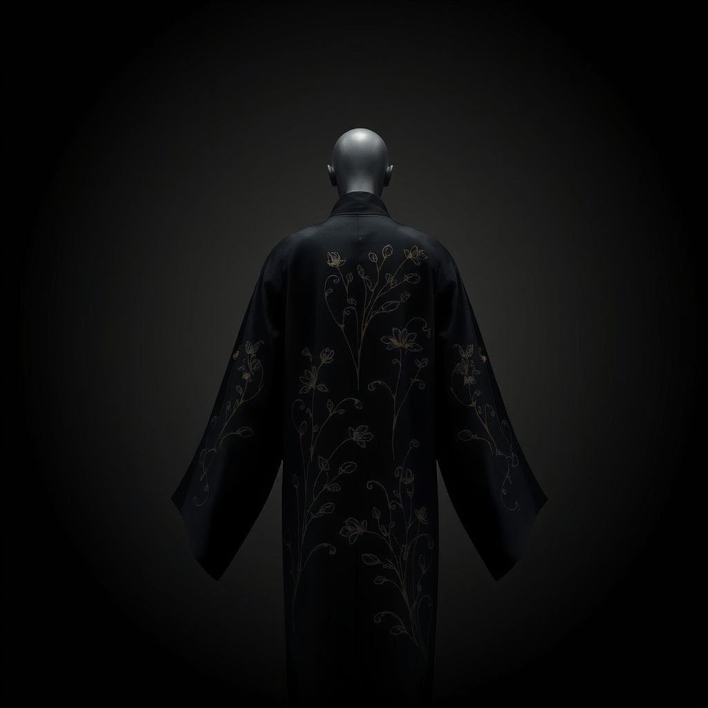 Design a men's kimono with a futuristic aesthetic, blending minimalist and nature-inspired elements. The kimono should feature intricate, flowing patterns that resemble water, with delicate embroidery reflecting plants and natural forms. Incorporate deep blues and subtle greens, along with silver accents, to represent moonlight. The silhouette should be modern yet traditional, with smooth, organic curves that evoke an ethereal, almost otherworldly quality. Only black on black. Shaman

Men's kimono embodies futuristic elegance. Minimalist design meets nature-inspired motifs. Deep black fabric adorned with intricate, flowing patterns resembling water. Delicate embroidery showcases shadowy plants and ethereal forms. Sleek silhouette combines modern lines with traditional artistry. Smooth, organic curves create a shamanistic vibe. An otherworldly aura infused with mystery and depth.