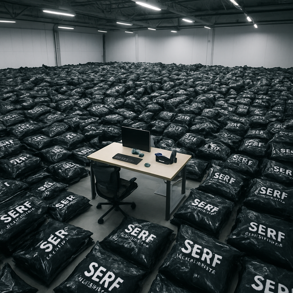 A high-angle overhead drone shot inside a minimalist textile warehouse. The floor is almost fully covered with black SERF branded shipping bags, stacked in clusters like a sea of packages, creating an impressive visual of high volume orders. The SERF logo and “See With Your Heart” text is clearly visible on many of the glossy black packages. In the center, there is a simple desk with a computer, a chair, and packaging equipment, showing an active e-commerce packing station. The camera slowly rises upward like a drone, revealing more and more SERF bags filling the warehouse floor. Industrial warehouse lighting, cold white tone, ultra realistic, 4K detail, dramatic successful brand feeling, no people.
A high-angle overhead drone shot inside a minimalist textile warehouse. The floor is almost fully covered with black SERF branded shipping bags, stacked in clusters like a sea of packages, creating an impressive visual of high volume orders. The SERF logo and “See With Your Heart” text is clearly visible on many of the glossy black packages. In the center, there is a simple desk with a computer, a chair, and packaging equipment, showing an active e-commerce packing station. The camera slowly rises upward like a drone, revealing more and more SERF bags filling the warehouse floor. Industrial warehouse lighting, cold white tone, ultra realistic, 4K detail, dramatic successful brand feeling, no people.