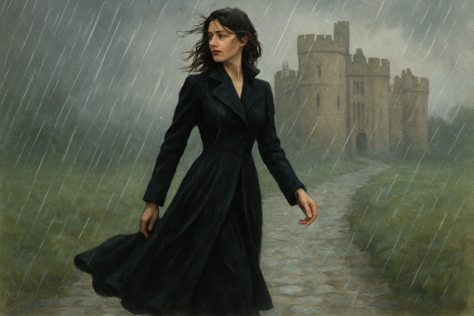 A woman. She got wet in the rain on her way to her castle in England and she was wearing this black coat. She is brunette and of medium height.
A woman, medium height, brunette, in a flowing black cashmere coat with a tailored cut, getting wet in the rain on her way to her castle in England.