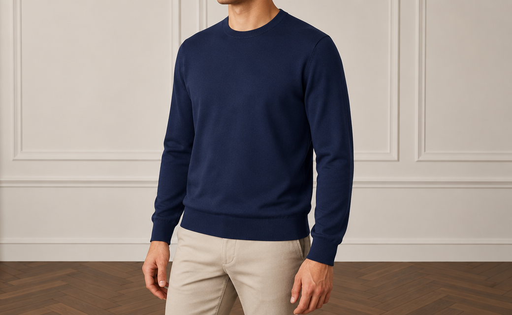 On-model photoshoot (studio)
Show the garment from the image worn by a professional fashion model standing in a professional photo studio with a clean seamless background and soft editorial lighting. Reproduce the garment's exact design, color, fabric and details faithfully. Full-body shot, photorealistic, no text. Additional instructions: Premium men's fashion e-commerce product photography of a viscose knit jumper, matching the established reference composition, pose, body rotation, camera angle, proportions and premium studio aesthetic.
COMPOSITION:
Upper-body men's fashion catalogue photograph.
Show the male model from approximately the LOWER CHIN / NECK AREA down to the UPPER THIGHS.
The FACE must remain completely outside the frame.
No eyes.
No nose.
No full face visible.
Only a small portion of the lower chin and neck may be visible at the very top of the frame.
The complete jumper must be clearly visible:
neckline,
shoulders,
chest,
sleeves,
cuffs,
waist,
and bottom hem.
The jumper must occupy the majority of the image and remain the dominant visual focus.
POSE — ABSOLUTELY CRITICAL:
Use the same established premium catalogue pose.
The model stands with a subtle natural THREE-QUARTER body rotation.
The body must NOT be completely front-facing.
The LEFT SHOULDER is positioned FORWARD and slightly CLOSER TO THE CAMERA.
The RIGHT SHOULDER is positioned slightly FARTHER BACK.
The LEFT SIDE of the torso is therefore slightly closer to the camera.
The rotation must remain subtle, approximately 10–20 degrees.
Do NOT mirror the pose.
Do NOT place the right shoulder forward.
Do NOT make the shoulders symmetrical and frontal.
Do NOT create a strong side profile.
LEFT SHOULDER FORWARD is mandatory.
ARMS AND HANDS:
Both arms hang naturally and STRAIGHT DOWN alongside the body.
Both hands remain naturally positioned beside the outer upper thighs.
Hands are relaxed.
Fingers are naturally relaxed.
No hands in pockets.
No crossed arms.
No bent or raised arms.
No touching the jumper.
No pulling the hem.
No adjusting the sleeves.
No touching the collar.
No fashion gestures.
The pose must look calm, masculine, sophisticated and effortless.
JUMPER — ABSOLUTE PRODUCT PRESERVATION:
Use the EXACT viscose jumper from the supplied source image.
Preserve the exact:
design,
color,
shade,
silhouette,
fit,
proportions,
length,
shoulder width,
chest width,
sleeve length,
sleeve width,
neckline,
collar construction,
cuffs,
bottom hem,
ribbing if present,
knit structure,
stitching,
seams,
logos or details if originally present,
and all original construction details.
Do NOT redesign the jumper.
Do NOT change its color.
Do NOT change its original fit.
Do NOT make it tighter.
Do NOT make it oversized.
Do NOT shorten or lengthen it.
Do NOT change the neckline.
Do NOT change the sleeves.
Do NOT add details that are not present in the source image.
The generated jumper must look like the EXACT SAME physical product as in the source photograph.
VISCOSE FABRIC — CRITICAL:
The jumper is made from premium VISCOSE knit fabric.
The material must clearly retain the characteristic appearance and behavior of high-quality viscose.
The fabric should look:
smooth,
soft,
fine,
refined,
fluid,
supple,
elegant,
and premium.
Viscose must have a naturally smooth surface with a very subtle refined luster.
The sheen must be extremely delicate and realistic.
NEVER make the fabric excessively shiny.
NEVER make it look glossy.
NEVER make it look like satin, silk, polyester or synthetic plastic.
The viscose knit must have a soft, fluid and elegant drape.
The fabric should fall naturally over the torso rather than appearing stiff or rigid.
Show realistic gentle folds around the waist, sides, elbows and sleeves.
The folds should be soft and controlled, reflecting the natural fluidity of viscose.
The jumper should maintain a clean silhouette while still showing the characteristic soft drape of viscose.
Preserve the original knit density and texture from the source product.
Do NOT make the knit chunky unless the source product is actually chunky.
Do NOT make the fabric excessively thin or transparent.
No transparency.
No artificial gloss.
No wet-look effect.
No plastic texture.
FIT:
Preserve the EXACT original fit of the source jumper.
The shoulder line must follow the original product.
The chest must fall naturally without artificial tightness.
The sleeves must preserve their exact original length and width.
The waist and bottom hem must preserve their original shape and proportions.
Do NOT artificially tuck the jumper into the trousers.
The jumper should fall naturally over the waistband unless the original source image specifically shows otherwise.
TROUSERS:
Use clean premium trousers or jeans that naturally complement the specific color and style of the jumper.
Only the upper portion of the trousers should be visible at the bottom of the frame.
Choose a harmonious neutral color appropriate for the specific jumper.
The trousers must remain visually secondary.
They must NOT distract attention from the jumper.
CAMERA AND FRAMING:
Premium upper-body product catalogue composition matching the established reference.
Crop from approximately the LOWER CHIN / NECK AREA down to the UPPER THIGHS.
NO FACE VISIBLE.
Both shoulders must be completely visible.
Both sleeves must be completely visible.
Both hands must be visible.
The entire jumper from neckline to bottom hem must be visible.
Do not crop the shoulders.
Do not crop the sleeves or cuffs.
Do not crop the bottom hem.
Leave comfortable and balanced negative space around the garment.
Camera positioned approximately at CHEST LEVEL.
Natural premium catalogue perspective.
No wide-angle distortion.
No dramatic perspective.
No exaggerated shoulders.
No distorted arms or hands.
STUDIO — MATCH THE ESTABLISHED REFERENCE:
Elegant premium minimalist indoor studio.
Warm light greige / off-white walls.
Classic subtle rectangular decorative wall moulding.
Dark warm brown wooden parquet floor with a refined herringbone pattern where visible.
Soft diffused natural-looking studio lighting.
The lighting must gently reveal the smooth viscose texture, fine knit structure and natural drape of the jumper.
Use subtle directional light to create delicate depth in the fabric without excessive reflections.
Very subtle realistic shadows.
Neutral warm color temperature.
No furniture.
No decorations.
No props.
No plants.
No visible studio equipment.
The studio must feel elegant, quiet, sophisticated and expensive.
IMAGE STYLE:
Ultra-photorealistic.
Premium European menswear e-commerce photography.
Natural male anatomy.
Realistic skin texture.
Highly realistic viscose knit texture.
Accurate knit structure.
Accurate fabric drape.
Natural soft folds.
Soft controlled lighting.
Clean premium catalogue aesthetic.
Understated luxury.
No excessive retouching.
No cinematic effects.
No dramatic lighting.
No artificial fabric shine.
STRICT REFERENCE RULES:
VISCOSE JUMPER IS THE MAIN PRODUCT.
PRESERVE THE EXACT ORIGINAL JUMPER.
PRESERVE EXACT COLOR, FIT, PROPORTIONS, KNIT STRUCTURE AND CONSTRUCTION.
REALISTIC PREMIUM VISCOSE TEXTURE.
SMOOTH AND SOFT SURFACE.
FLUID NATURAL DRAPE.
SUBTLE NATURAL LUSTER ONLY.
NEVER GLOSSY.
NEVER SYNTHETIC-LOOKING.
NEVER STIFF.
LEFT SHOULDER FORWARD AND CLOSER TO CAMERA.
RIGHT SHOULDER SLIGHTLY BACK.
LEFT SIDE OF TORSO CLOSER TO CAMERA.
SUBTLE THREE-QUARTER BODY ROTATION.
NEVER MIRROR THE POSE.
NEVER PUT THE RIGHT SHOULDER FORWARD.
NEVER MAKE THE MODEL COMPLETELY FRONT-FACING.
BOTH ARMS STRAIGHT DOWN.
BOTH HANDS RELAXED BESIDE THE THIGHS.
NO HANDS IN POCKETS.
NO FASHION GESTURES.
NO FACE VISIBLE.
CROP FROM LOWER CHIN / NECK TO UPPER THIGHS.
COMPLETE JUMPER VISIBLE FROM NECKLINE TO HEM.
WARM OFF-WHITE MOULDED STUDIO WALL.
DARK BROWN HERRINGBONE PARQUET FLOOR.
SOFT PREMIUM CATALOGUE LIGHTING..
