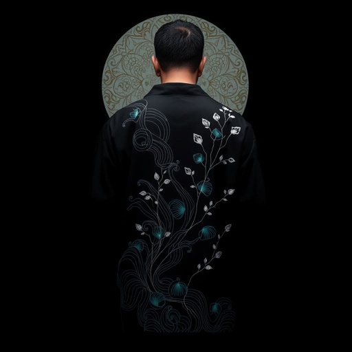 Design a men's kimono with a futuristic aesthetic, blending minimalist and nature-inspired elements. The kimono should feature intricate, line patterns that resemble water, with delicate embroidery reflecting plants and natural forms. Incorporate deep blues and subtle greens, along with silver accents, to represent moonlight. The silhouette should be modern yet traditional,  almost otherworldly quality. Only black on black. Shaman linee