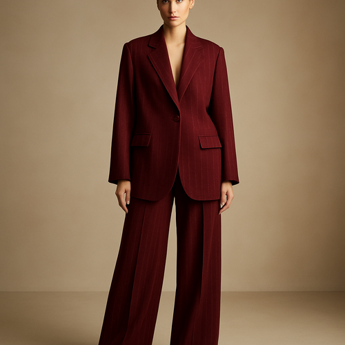 Full body shot of a female model wearing a bordeaux wool oversized blazer and matching palazzo pants, fabric with thin vertical white pinstripes exactly like the reference, soft and luxurious wool texture, single button in same fabric color (no black buttons), two flap pockets on blazer, minimal high fashion editorial style, neutral background, luxury lighting, elegant and powerful mood.”