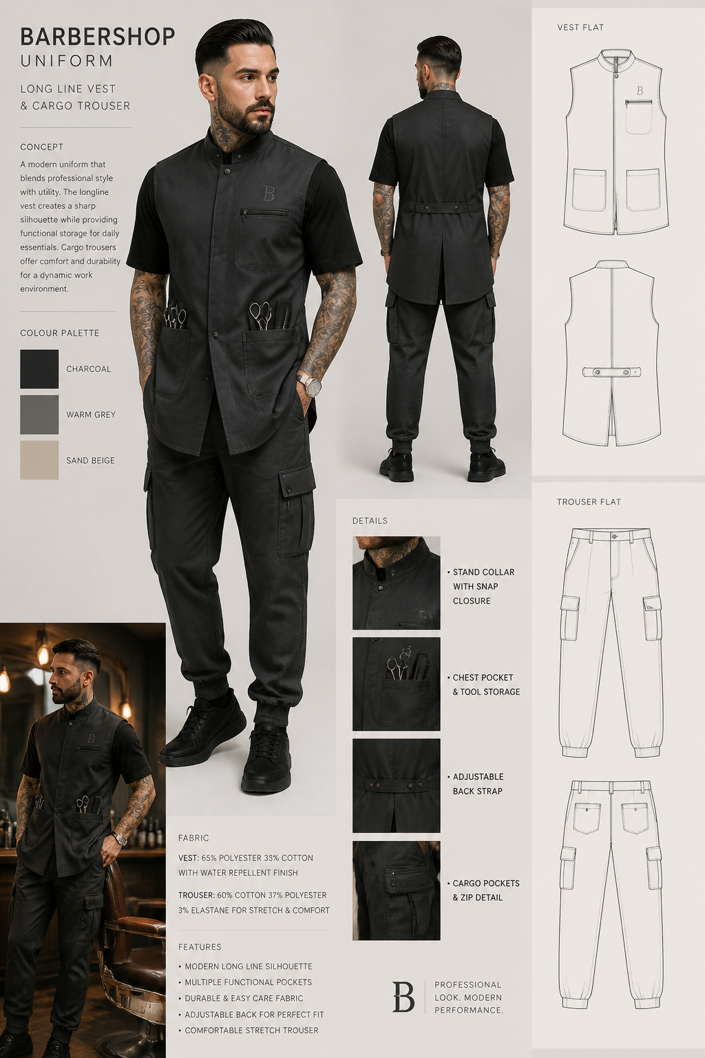 barber shop uniform with longline vest and cargo trousers
barber shop uniform with longline vest and cargo trousers