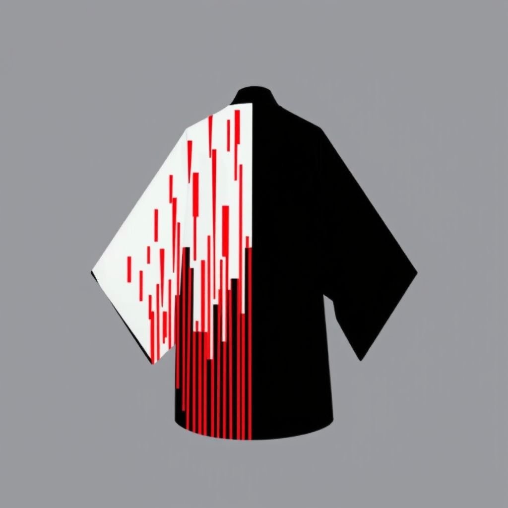 Design a men's kimono with a futuristic, minimalist aesthetic. On one side of the kimono, feature vertical lines in varying widths and lengths, randomly placed in red, creating a dynamic and fluid pattern. The other side should remain clean and simple, maintaining a sleek, modern silhouette. The base color should be black, with the red lines adding contrast and energy to one side. The overall design should combine a modern, shamanic feel, blending tradition with innovation, and evoke both spiritual and futuristic elements."

Futuristic men’s kimono. Minimalist silhouette. One side adorned with random vertical red lines, varying widths and lengths, creating a dynamic pattern. Opposite side pristine and uncluttered. Base color deep black. Bold contrast of red lines energizing the design. Fusion of traditional shamanic motifs and contemporary style. Evocative and innovative. 