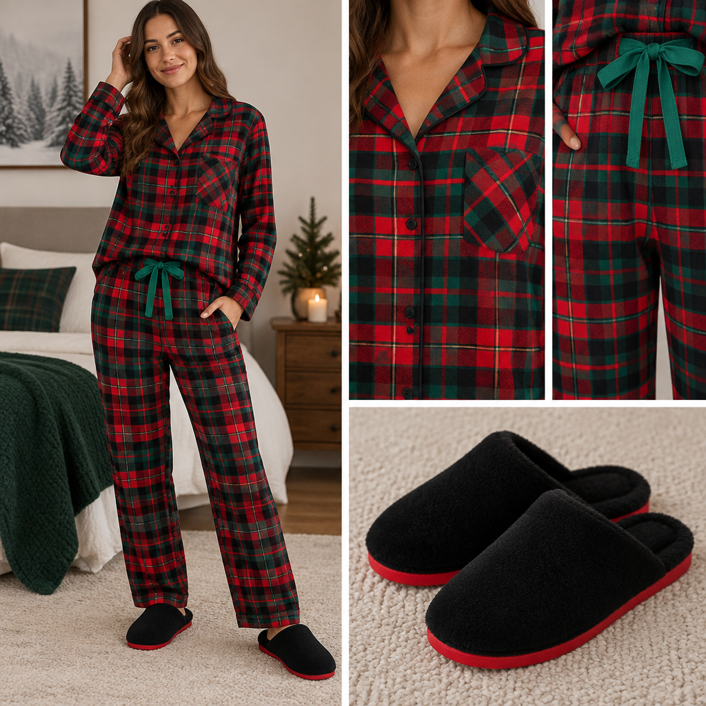 Red and green and black plaid flannel pajamas with long sleeves and black buttons. Green tie on flannel pants. Black slippers with red soles.
Red and green and black plaid flannel pajamas with long sleeves and black buttons. Green tie on flannel pants. Black slippers with red soles.