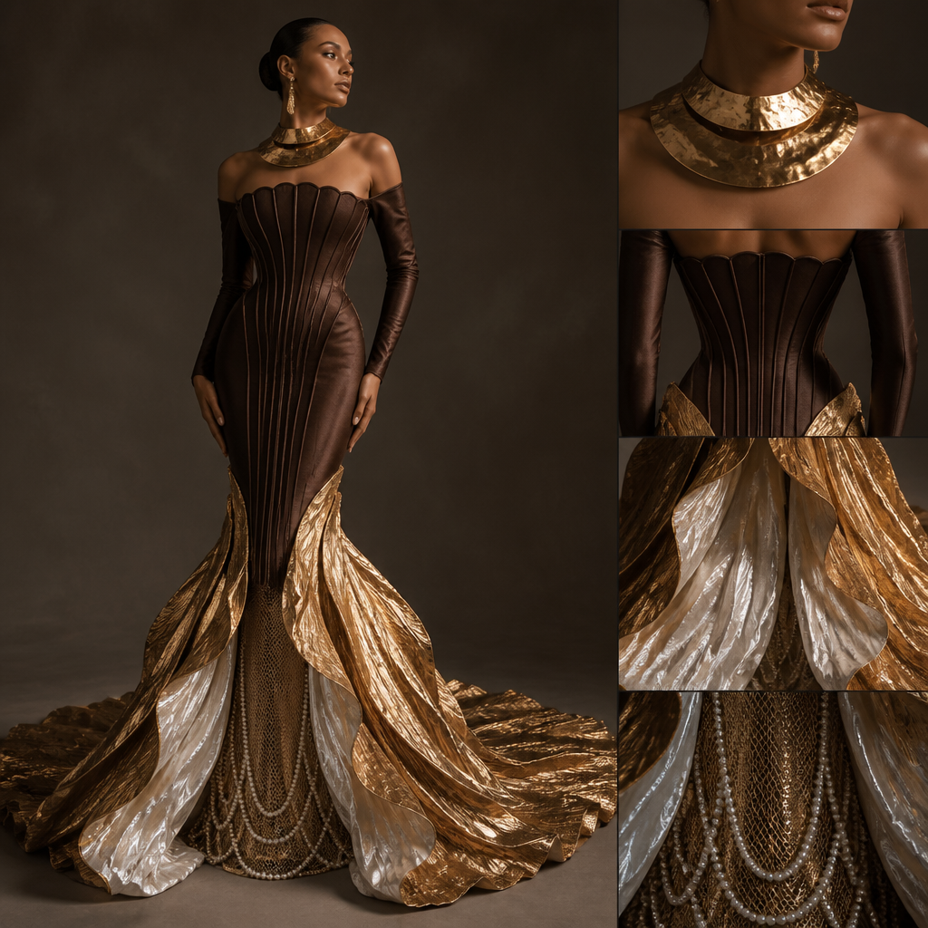 Off-the-shoulder, long-sleeve, timeless, modest mermaid gown with a piped chocolate-brown oyster bodice extending to mid-thigh and a gold avant-garde train starting at the knees, with a pure white inner lining like the nacre inside a clam. The slip under the dress should be of metallic netting with lines of pearls gracing the bottom of the netting. The model should be wearing a large gold-plated neck adornment alike the cymbal instrument.
Off-the-shoulder, long-sleeve mermaid gown. Piped chocolate-brown oyster bodice to mid-thigh. Gold avant-garde train from knees, pure white inner nacre lining. Metallic netting slip with pearl lines at bottom. Gold-plated cymbal-like neck adornment.