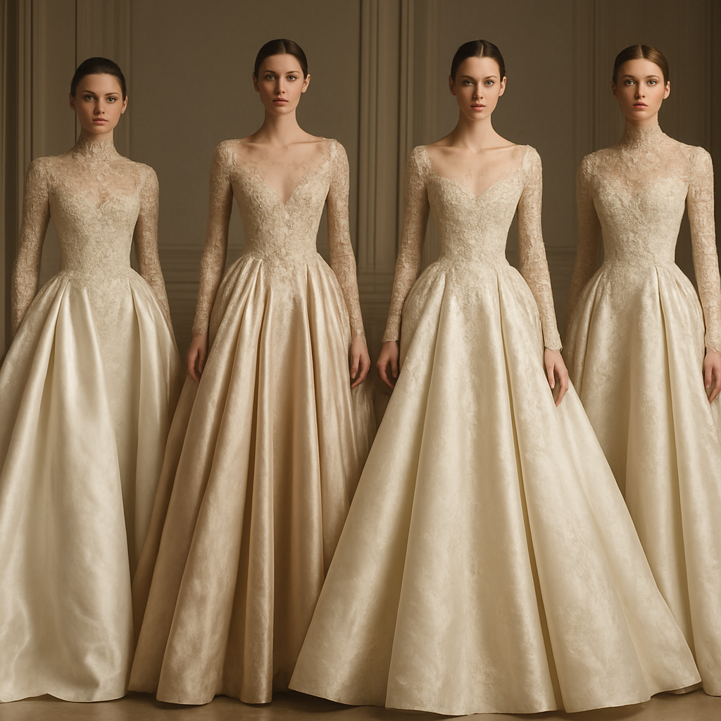 GROUP OF MODEL WITH COUTURE DRESS
Haute Couture fashion design: A group of models showcasing exquisite haute couture gowns. Each gown features a dramatic silhouette, crafted from luxurious silk and intricate lace. The fit is impeccable, highlighting a regal elegance.