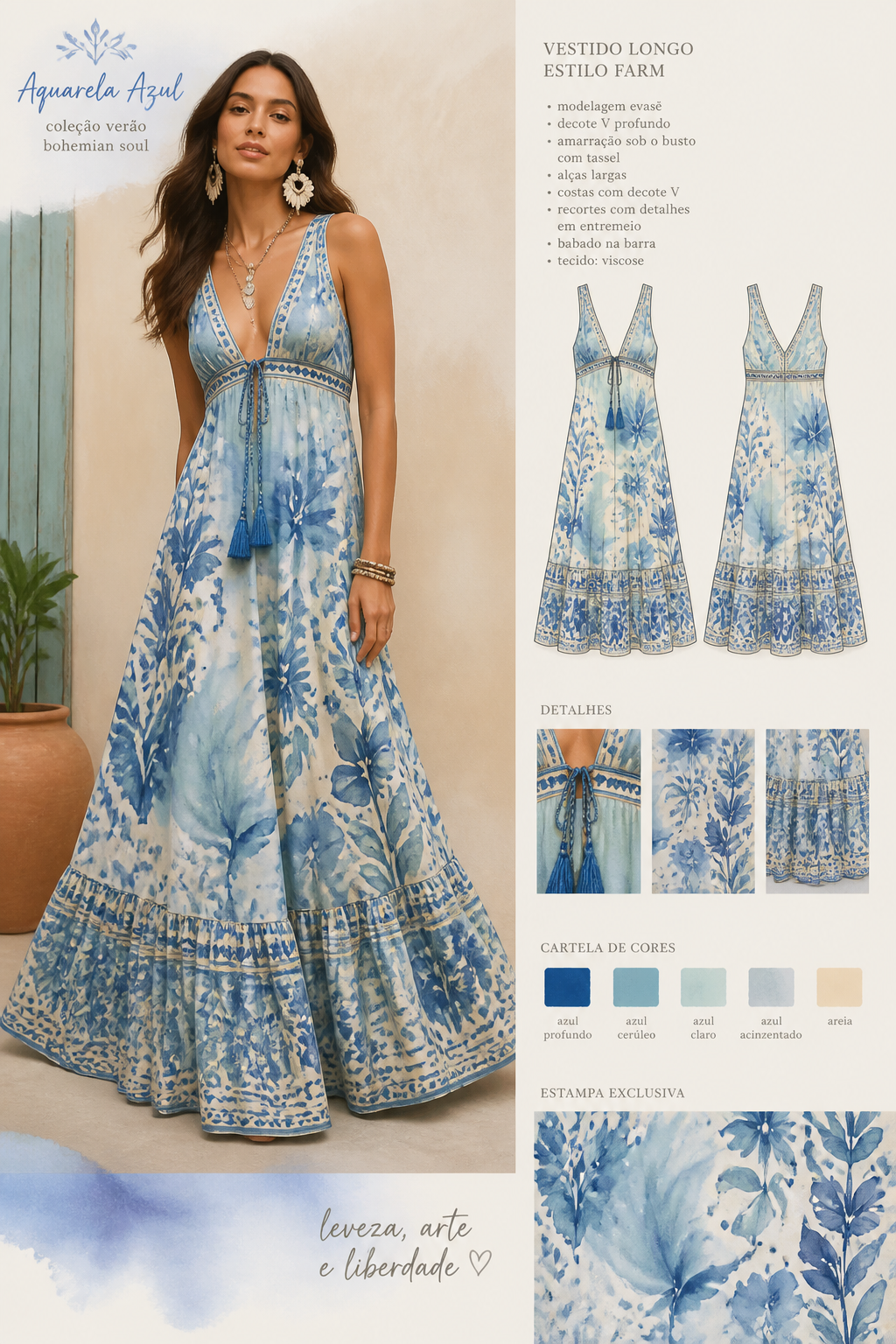 Vestido longo estilo Farm, com estampa de aquarela em tons azuis. evasê e tecido de viscose
Vestido longo estilo Farm, com estampa de aquarela em tons azuis. evasê e tecido de viscose, bohemian style
