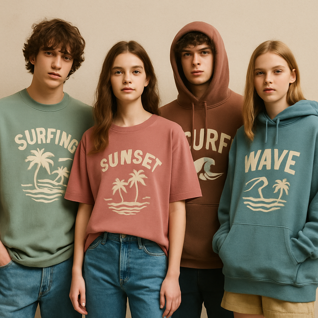 Create a collection of streetwear-inspired graphics and logos for t-shirts and hoodies, featuring oversized typography, minimalist, surf type vibes, palm trees, seagulls, waves, and abstract beach elements. Use a relaxed, youthful, urban style with muted pastels, washed denim blues, and earthy tones. Designs should look modern, trendy, and wearable, suitable for printing on apparel. High detail, vector-style clarity, bold yet casual aesthetic.

Retro fashion design: Youthful Retro streetwear: oversized cotton tees and hoodies. Muted pastel, denim blue, and earthy tones. Features bold, minimalist typography with surf vibes: palm trees, seagulls, and waves. Relaxed fit.