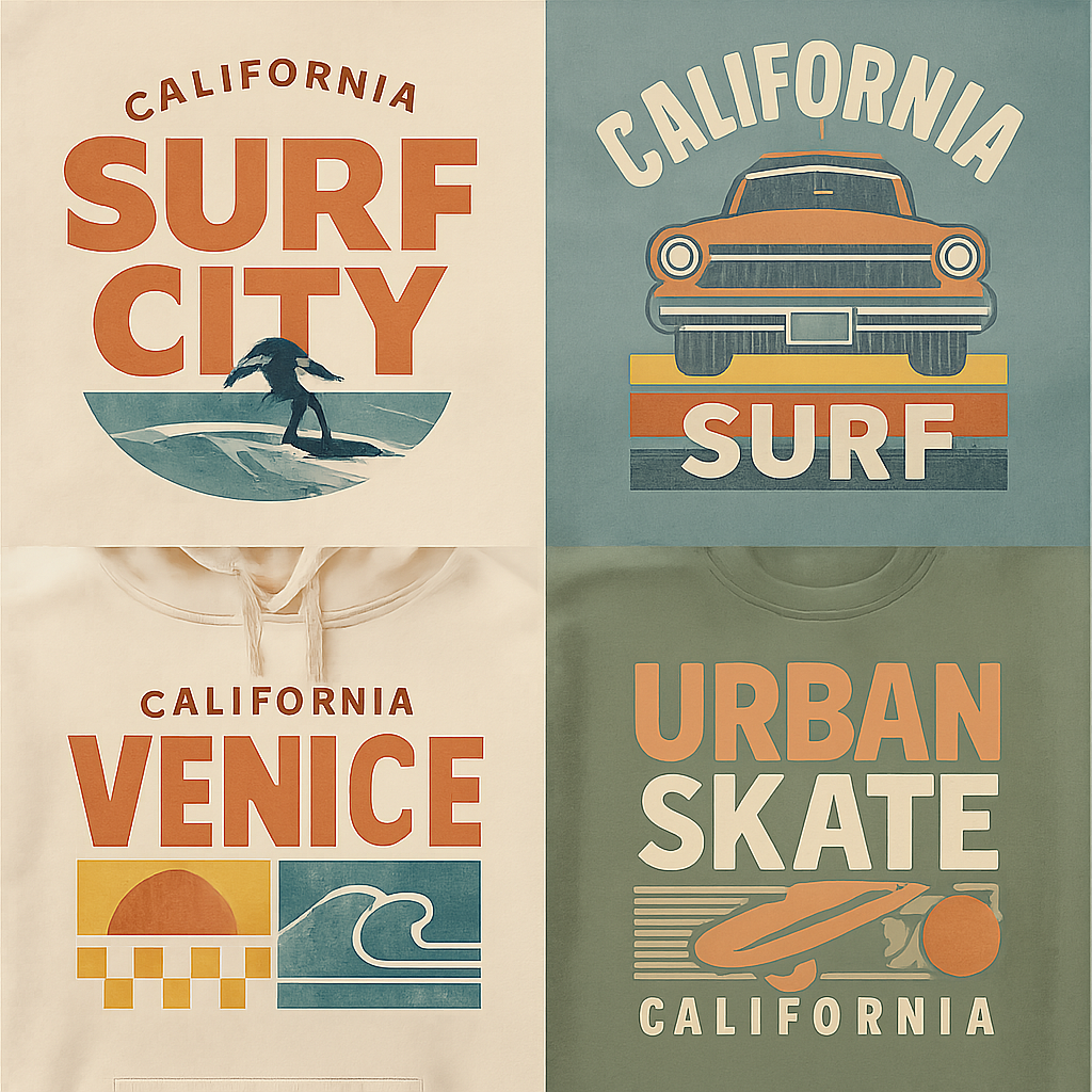 Create a variety of streetwear-style t-shirt and hoodie graphics and logos, featuring bold, trendy designs inspired by California surf vibes and urban lifestyle. Include abstract patterns, oversized typography, retro logos, subtle animal motifs like seagulls, waves, sunsets, skaters, or cars. Designs should be youthful, casual, and edgy, suitable for screen printing on apparel. Use muted pastels, washed denim blues, and earth tones, with clean lines and modern style. Vector-ready, high-detail, wearable streetwear aesthetic logos, including novry est.09

Retro fashion design: **T-Shirt & Hoodie Graphics: Retro California Surf & Urban**

Design graphics with a Retro twist, perfect for screen printing. Focus on oversized typography, classic logos, and abstract patterns. Include subtle nods to surfers, skaters, and vintage cars. Use muted pastels, washed blues, and earth tones. Designs should be youthful, casual, and edgy, with clean lines and a relaxed fit.