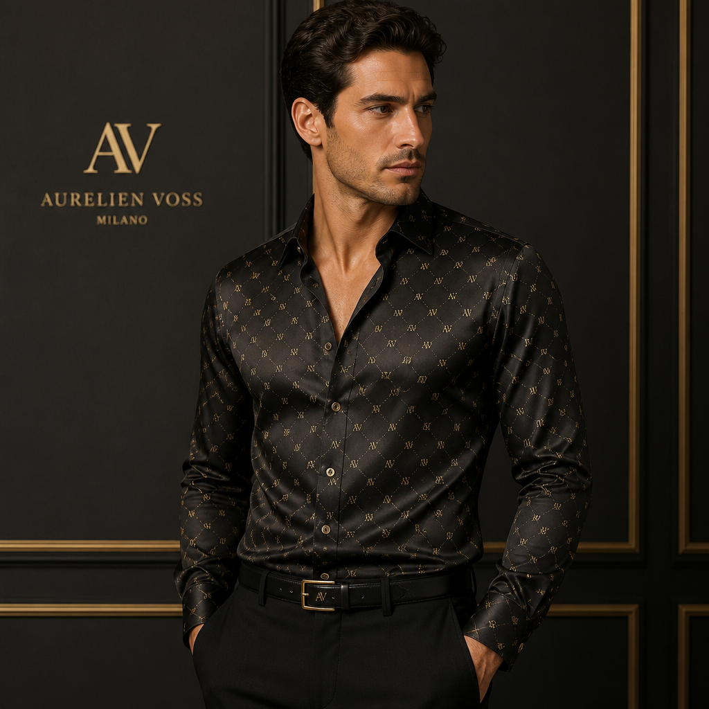 Create a shirt using a designer dupe of Louie Vuitton:
Luxury fashion design: Craft a fitted silk shirt. Feature a subtle all-over monogram pattern in gold and black. Long sleeves with buttoned cuffs.