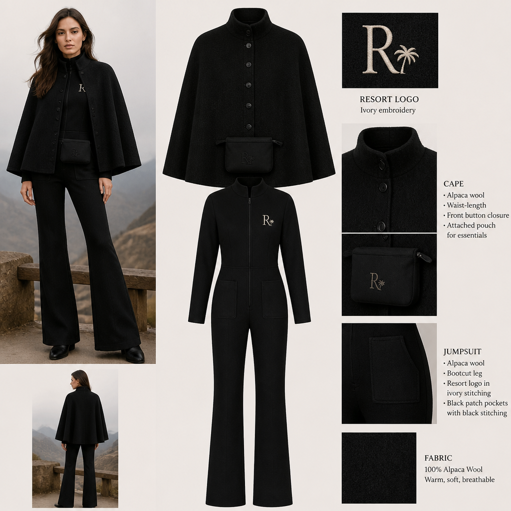 All-black warm long-sleeve cape, waist-length, all-around one-piece bootcut alpaca wool jumpsuit with "The Georgian Crystal at Blue Ridge" resort embroidered logo with Ivory stitching, then add black pockets. Make sure pockets have black stitching. Include an attachable black pouch under the cape to hold pens, a small pen pad, front office cordless phone, and front office keys.
Warm, waist-length alpaca wool cape, all-black, with front button closure. Matching alpaca wool jumpsuit, bootcut, with resort logo in ivory stitching. Black patch pockets with black stitching. Attach black pouch under cape for essentials.
