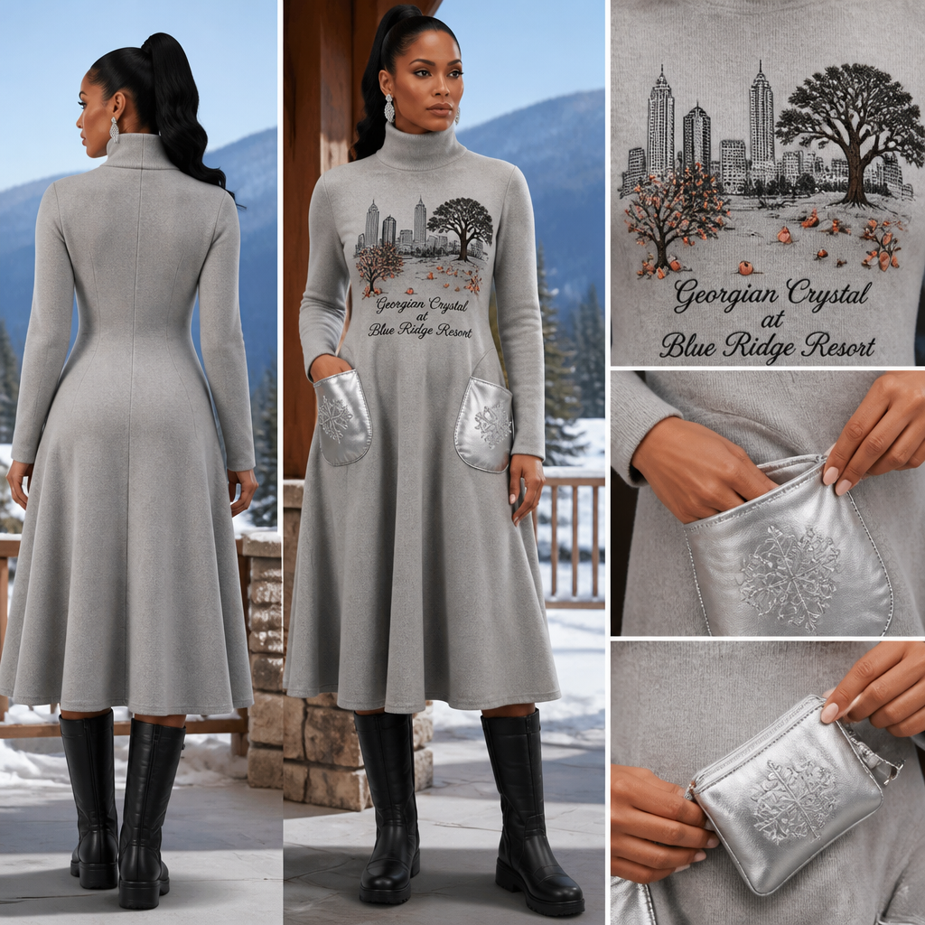 Moonlight silver warm turtleneck long-sleeve timeless elegance flowy tailored shin-length dress made of alpaca wool with cursive font embroidered "Georgian Crystal at Blue Ridge Resort" on front logo with black stitching, then add silver pockets. Make sure pockets have silver stitching. Include an attachable hidden silver pouch to hold pens, a small pen pad, front office cordless phone, and front office keys. Large logo should include a black-stitched Southern Live Oak Tree with Spanish Moss and Peach Trees with fallen peaches influenced by the Atlanta skyline on the front chest area only. Create a design for women in the front office only. Include black knee-high professional snow-grade flat boots for front office team members who may need to visit the outside grounds of the resort in the snow. no laces on boots
Alpaca wool turtleneck dress, shin-length, tailored fit, flowy silhouette. Embroidered "Georgian Crystal at Blue Ridge Resort" in cursive on front with black stitching. Silver pockets with silver stitching. Hidden attachable silver pouch. Large embroidered Atlanta skyline, Southern Live Oak Tree, Peach Trees with fallen peaches on chest. Black, laceless, knee-high snow boots.
