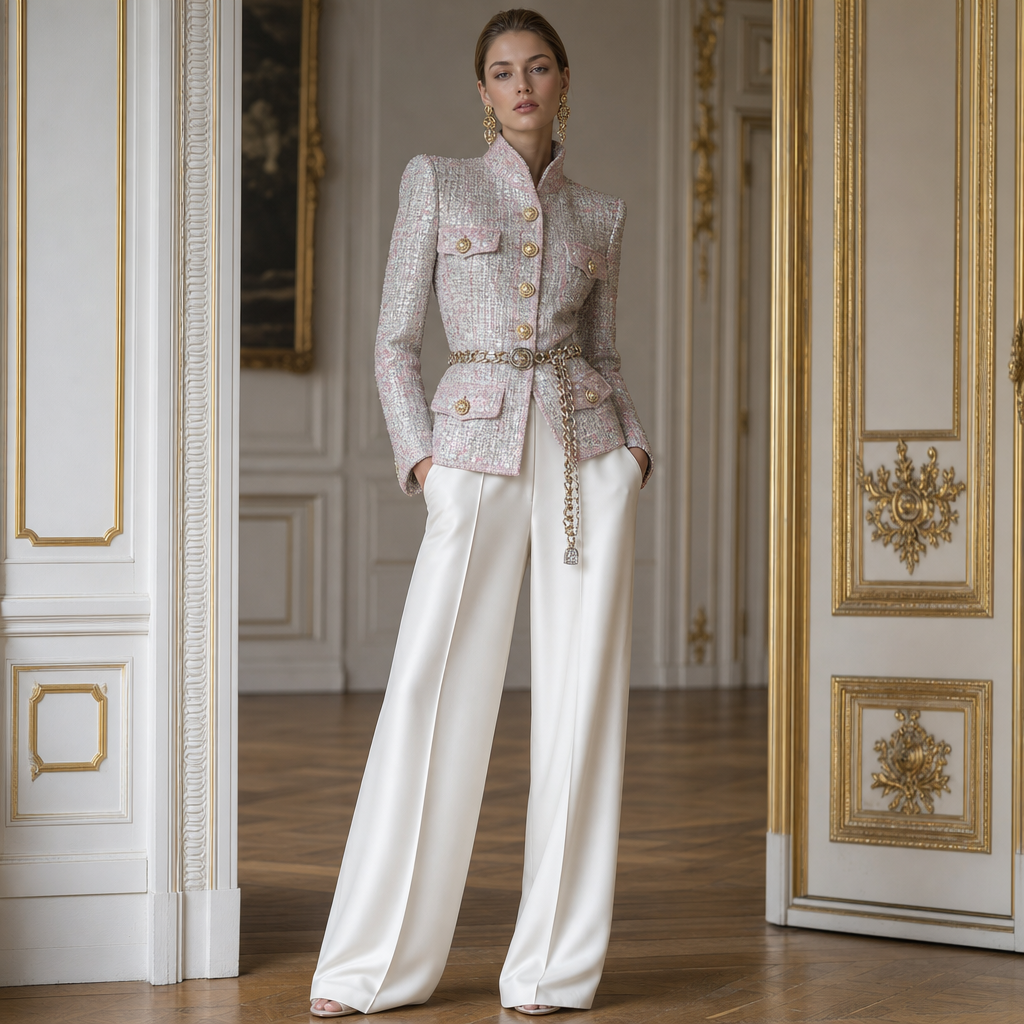 Silver and pink tweed jacket with gold buttons and white pants and white tank top under jacket and silver and gold chain belt.
Haute Couture fashion design: **Silver and pink tweed jacket, structured and tailored, with prominent gold buttons. Paired with wide-leg white silk pants. A delicate silver and gold chain belt cinches the waist.**