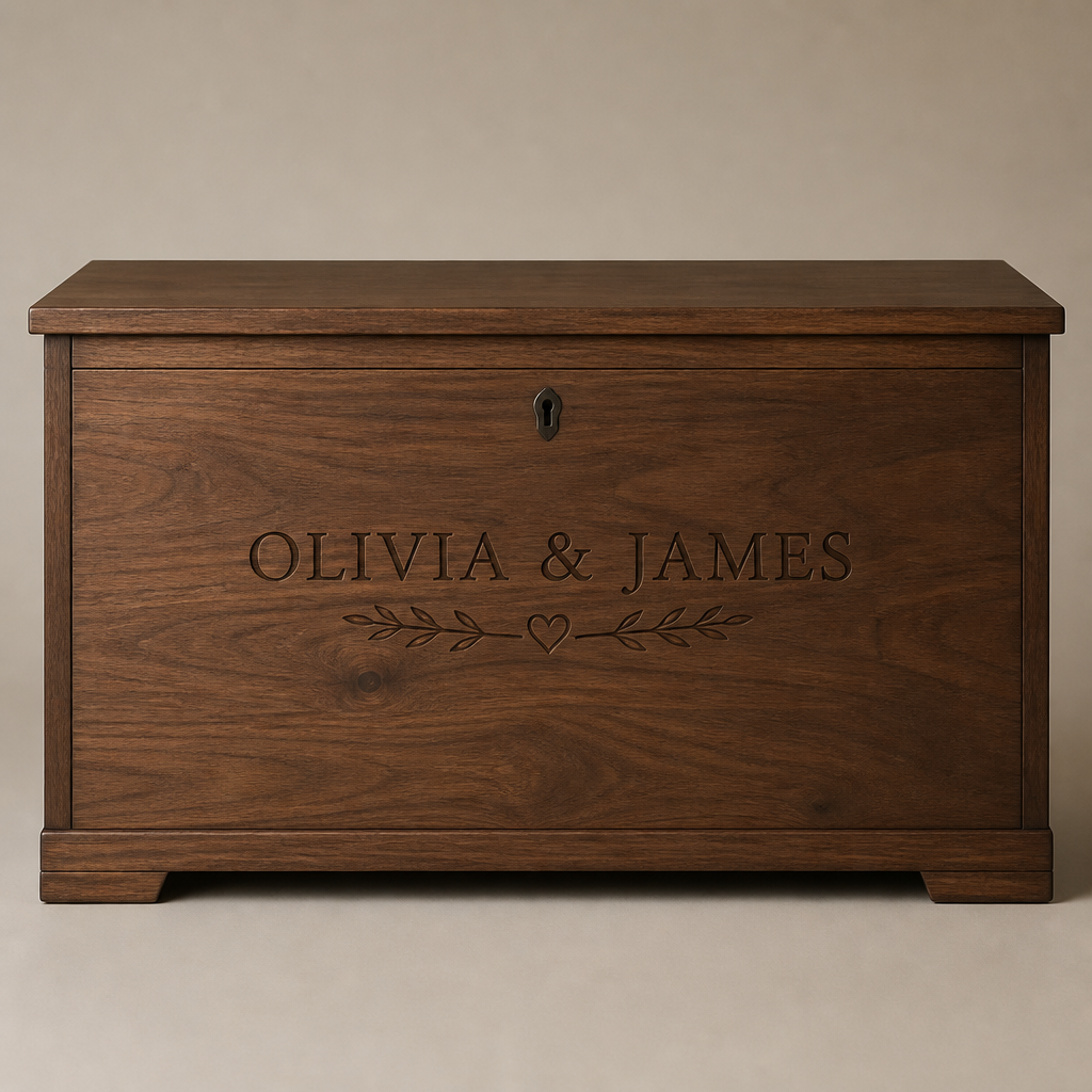 brown wooden chest with the family names: Worthy, Jermese, and Derrico engraved
Brown wooden chest, engraved with names, simple silhouette, straight cut, natural wood grain pattern.