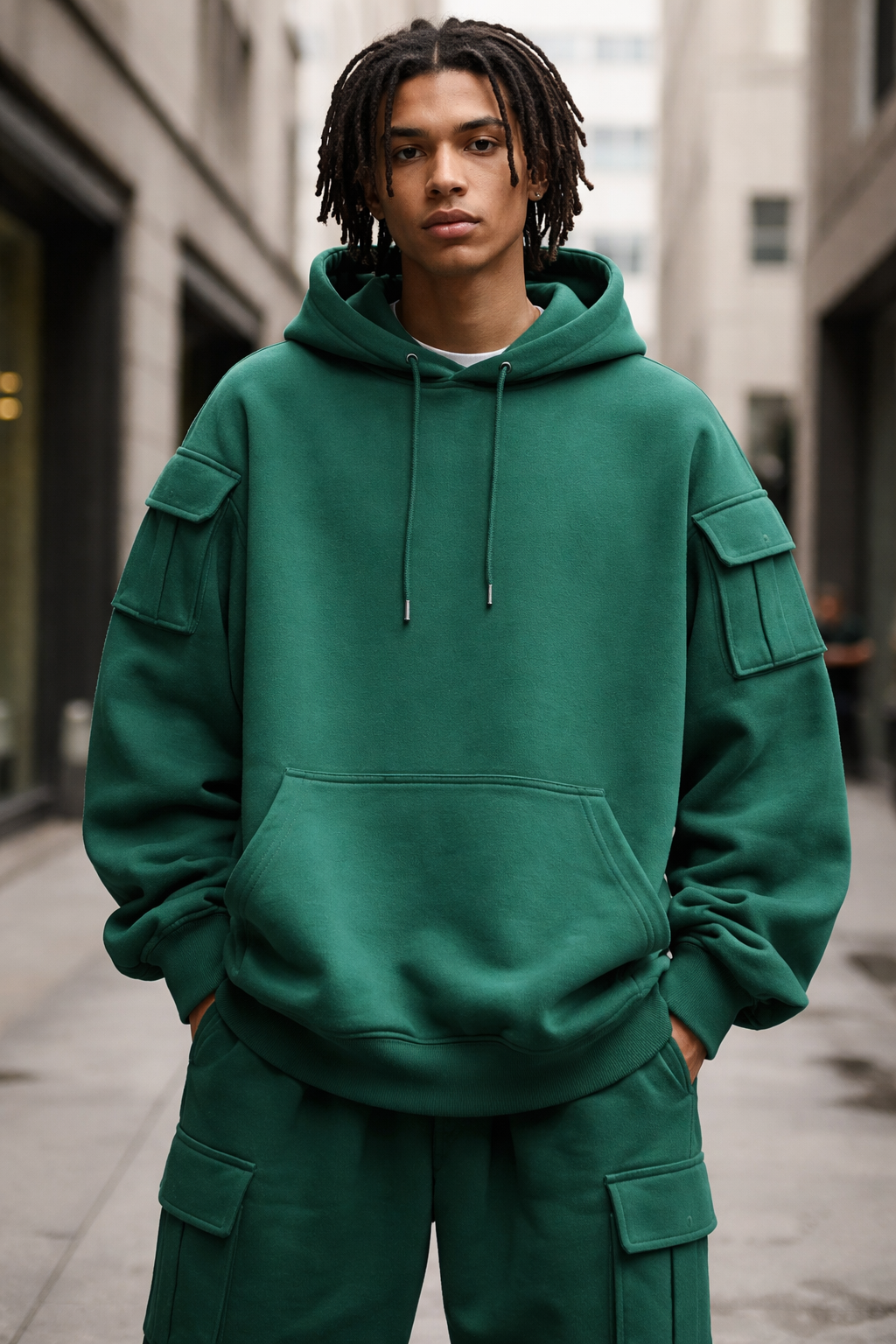 a baggy long sleeve hoodie with shoulder pockets and round neckline in emerald green color
Streetwear fashion design: Baggy emerald green cotton hoodie, long sleeve, relaxed fit. Features shoulder pockets and a clean round neckline.