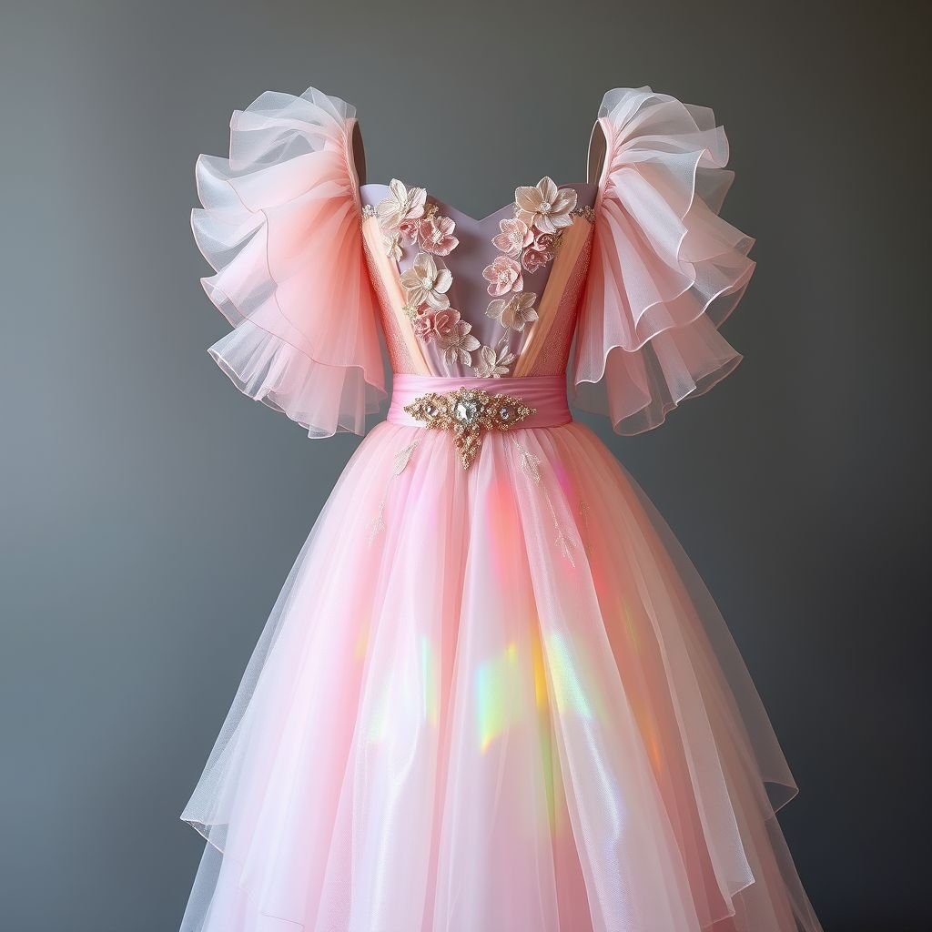 Organza & Tulle  only texture

A whimsical gown composed of cascading layers of sheer organza and delicate tulle, ethereal and floaty. Soft pastels blend into iridescent hues, creating a dreamlike aura. Ruffled sleeves and a full skirt, accented with intricate floral appliqués. A cinched bodice, adorned with sparkling gemstones, radiates a sense of romantic elegance.
