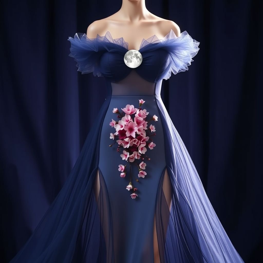 Organza & Tulle – for the cloud-like upper bodice.in dark blue. Bodice: The top of the gown has an off-shoulder, cloud-like structure on the right, meant to represent fluffy clouds floating gently at dusk. The texture is soft and voluminous, enhancing the airy effect.

Moon Element: At the center-top of neckline  the bodice, there is a white circular area symbolizing the moon—calm, glowing, and centered between the clouds.

Waist Details: The midsection is adorned with intricate white floral embellishments, which include sakura (cherry blossom) flowers. These delicate flowers add a touch of romanticism and subtle symbolism, linking nature’s beauty with the garment's celestial theme.

Skirt: The bottom half of the dress flows into a dramatic, flared mermaid silhouette with open front slits. The wide, trailing panels resemble mist or moonlight reflecting on a calm ocean, creating an illusion of movement and grace.

Organza & tulle composition, ethereal dark blue fabric cascading like twilight. Off-shoulder bodice, cloud-like silhouette, enveloping softness. Centerpiece moon accent, serene and luminous. Midsection adorned with intricate sakura floral details, whispering romance and nature’s essence. Flowing mermaid skirt, flared silhouette, dramatic slits, resembling misty moonlit reflections and graceful ocean waves.