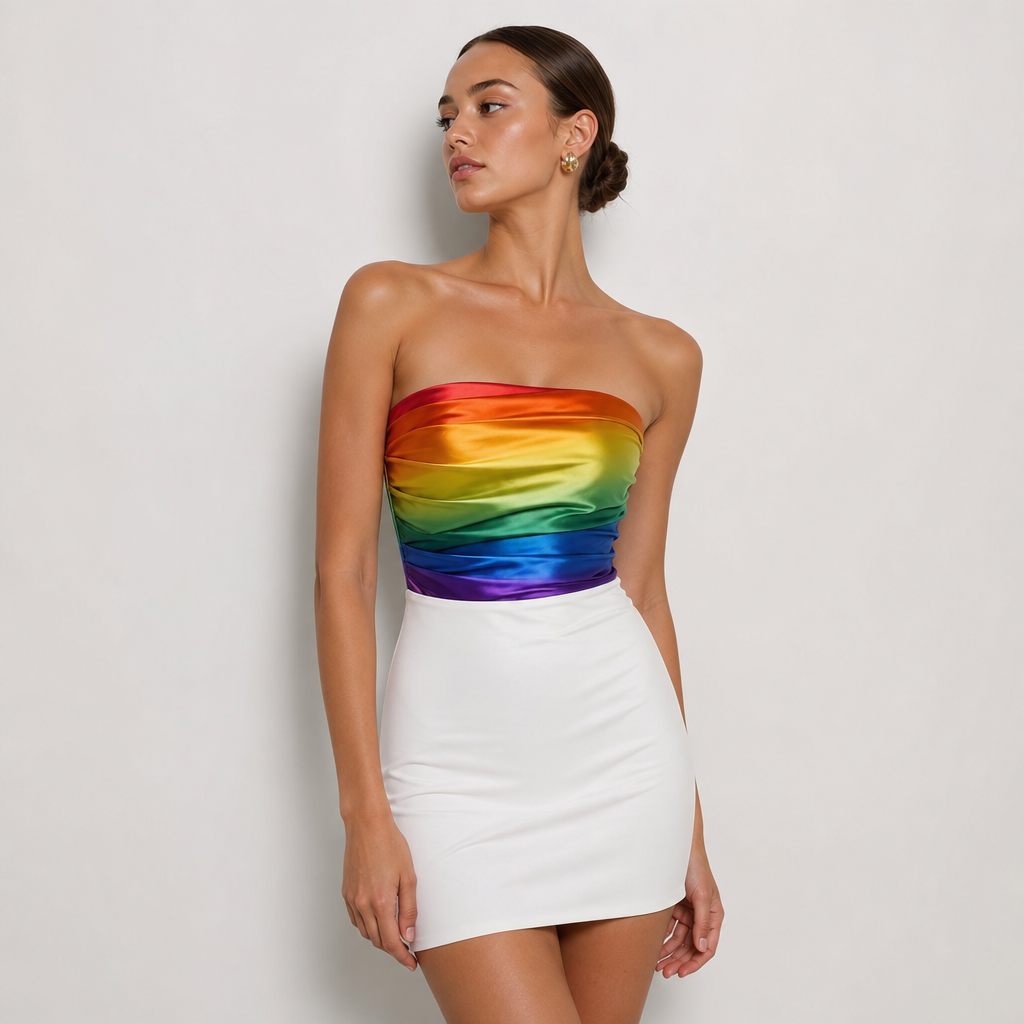 strapless dress with Rainbow top on short tight dress with white on bottom half the dress.
Contemporary fashion design: Strapless mini dress, fitted silhouette. Rainbow-colored silk top, white cotton bottom. Clean lines, simple and modern.