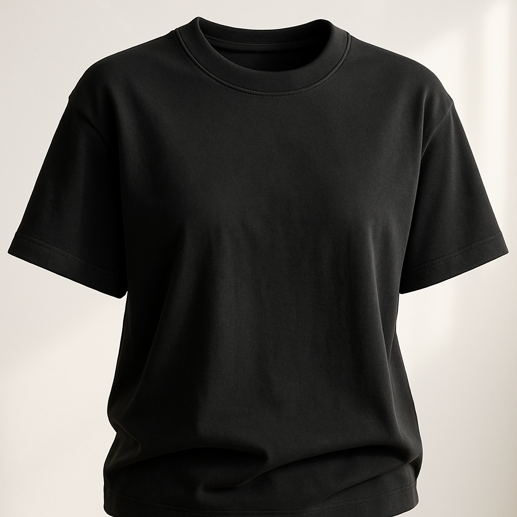 A premium women’s basic  black colour  crew neck t-shirt, oversized fit, made of first-class high-quality cotton fabric with a soft luxurious texture, short sleeves, minimal and elegant design. Ghost mannequin hollow man style photography, the t-shirt looks 3D as if worn by an invisible model, perfectly shaped and realistic fit. Photographed in natural daylight, clean background, ultra-detailed premium cotton fabric texture, hyperrealistic stitches, 3D/4D depth of field close-up,  fashion e-commerce product photography aesthetic.


Classic fashion design: Premium women's black cotton crew neck t-shirt. Oversized fit, soft texture, short sleeves. Classic, simple design. Ghost mannequin. Natural daylight, clean background. Ultra-detailed fabric, hyperrealistic stitches, close-up.