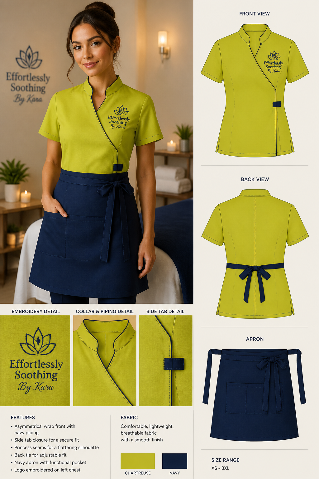 Women's chartreuse-colored fit spa uniform smock with navy blue stitching and logo: Effortlessly Soothing By Kara. Include navy blue apron
Women's chartreuse-colored fit spa uniform smock with navy blue stitching and logo: Effortlessly Soothing By Kara. Include navy blue apron