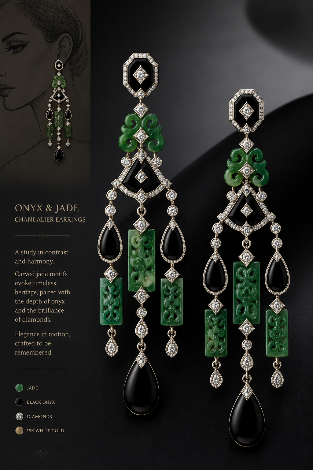 Black onyx earrings chandelier with diamonds hanging from them with jade.
Haute Couture fashion design: Black onyx and jade chandelier earrings with diamond accents, exuding refined elegance and intricate craftsmanship.