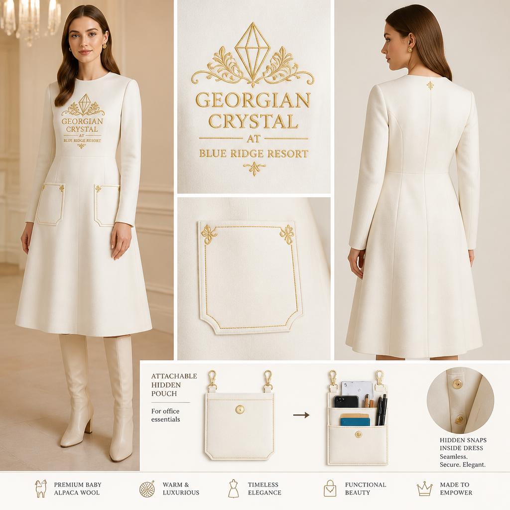 White warm long-sleeve drape tailored dress made of alpaca wool with "Georgian Crystal at Blue Ridge Resort" embroidered front logo with gold stitching, then add white pockets. Make sure pockets have gold stitching. Include an attachable hidden white pouch to hold pens, a small pen pad, front office cordless phone, and front office keys. Large logo includes Southern Live Oak Tree With Spanish Moss and Peach Trees with fallen peaches influenced by the Atlanta skyline. Create a design for women in the front office only
White warm long-sleeve, A-line alpaca wool dress. Features large "Georgian Crystal at Blue Ridge Resort" embroidery with gold stitching. White patch pockets with gold stitching. Includes attachable hidden pouch for office essentials. For women.
