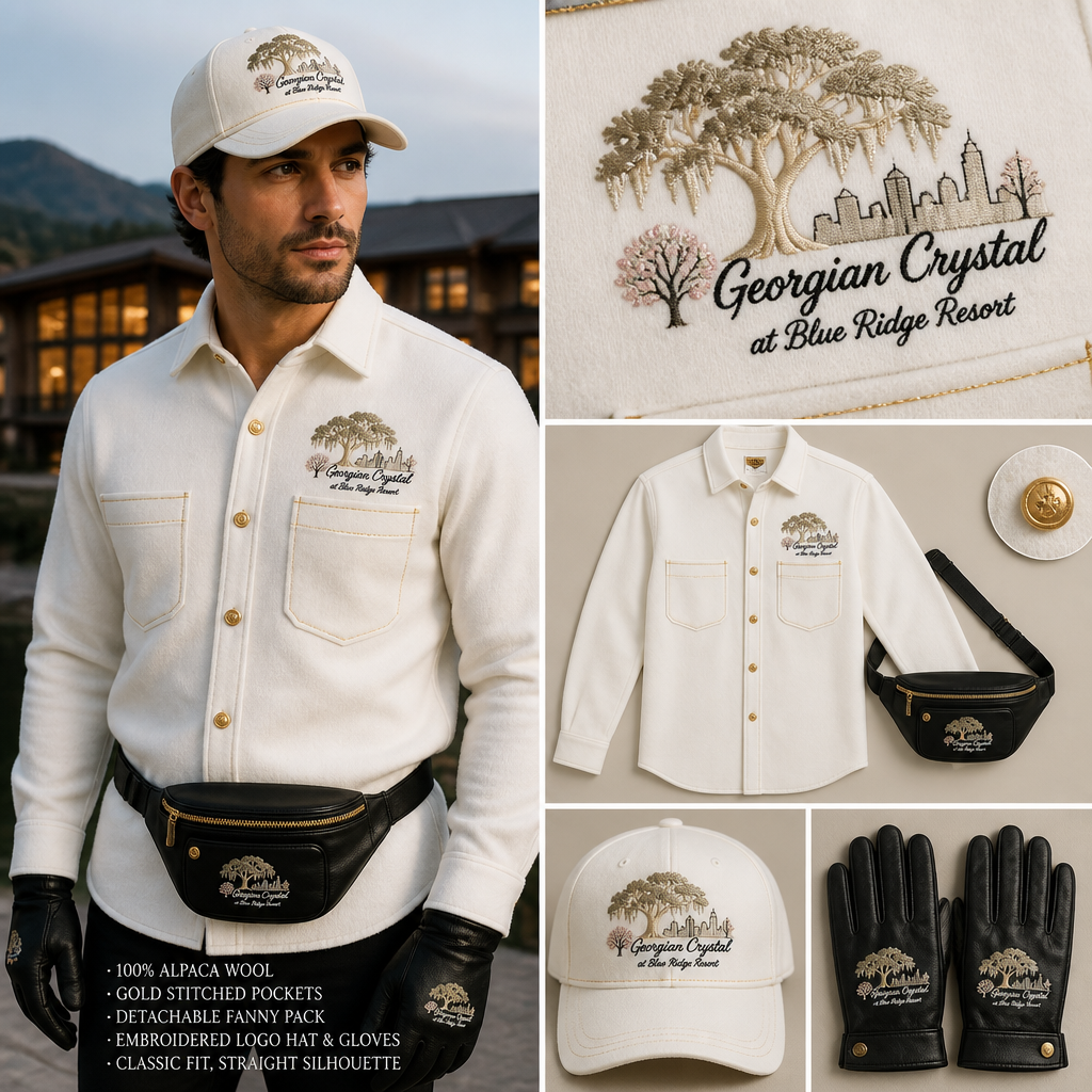 White long-sleeve alpaca wool button-down. Make sure pockets have gold stitching. Include an attachable, hidden black sleek fanny pack to hold pens, a small pen pad, front office cordless phone, and front office keys. The front pocket logo should have the business name "Georgian Crystal at Blue Ridge Resort" embroidered with black stitching only in cursive font. Include an ivory-embroidered Southern Live Oak Tree with Spanish Moss and Peach Trees with fallen peaches influenced by the Atlanta skyline within front pocket logo. Please create a design for men only. Logo should be located on the front of button down. include logoed hat and gloves for bellmen
Men's white long-sleeve alpaca wool button-down shirt. Classic fit, straight silhouette. Gold-stitched pockets. Detachable black sleek fanny pack. Front pocket embroidered logo: "Georgian Crystal at Blue Ridge Resort" in black cursive, with ivory Southern Live Oak Tree, Spanish Moss, Peach Trees, and Atlanta skyline. Matching logoed hat and gloves.