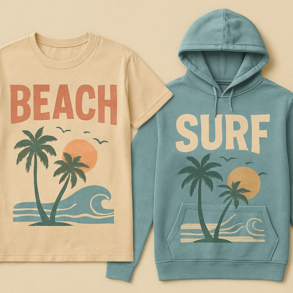 Create a collection of streetwear-inspired graphics and logos for t-shirts and hoodies, featuring oversized typography, minimalist, surf type vibes, palm trees, seagulls, waves, and abstract beach elements. Use a relaxed, youthful, urban style with muted pastels, washed denim blues, and earthy tones. Designs should look modern, trendy, and wearable, suitable for printing on apparel. High detail, vector-style clarity, bold yet casual aesthetic.

Vintage fashion design: Vintage beachfront streetwear, 1970s surf style. Oversized typography, palm trees, seagulls, waves on relaxed fit tees and hoodies. Muted pastel cotton, washed denim. Youthful, urban feel with a touch of retro cool.