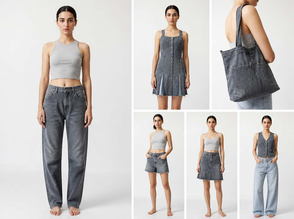 On-model photoshoot (studio)
Show the garment from image 1 worn by the person in image 2, standing in a professional photo studio with a clean seamless background and soft editorial lighting. Keep the person's face, hair, skin tone and identity exactly the same. Reproduce the garment's exact design, color, fabric and details faithfully. Full-body shot, photorealistic, no text. Additional instructions: «این شلوار جین قدیمی را به چند طراحی جدید و قابل دوخت تبدیل کن. پارچه و رنگ اصلی جین حفظ شود. ۵ ایده متفاوت و خلاقانه ارائه بده، از جمله دامن، شلوارک، کیف و یک لباس جدید. طراحیها مدرن، زیبا و قابل اجرا با همین شلوار باشند و میخوام دو رنگ با هم استفاده بشه.