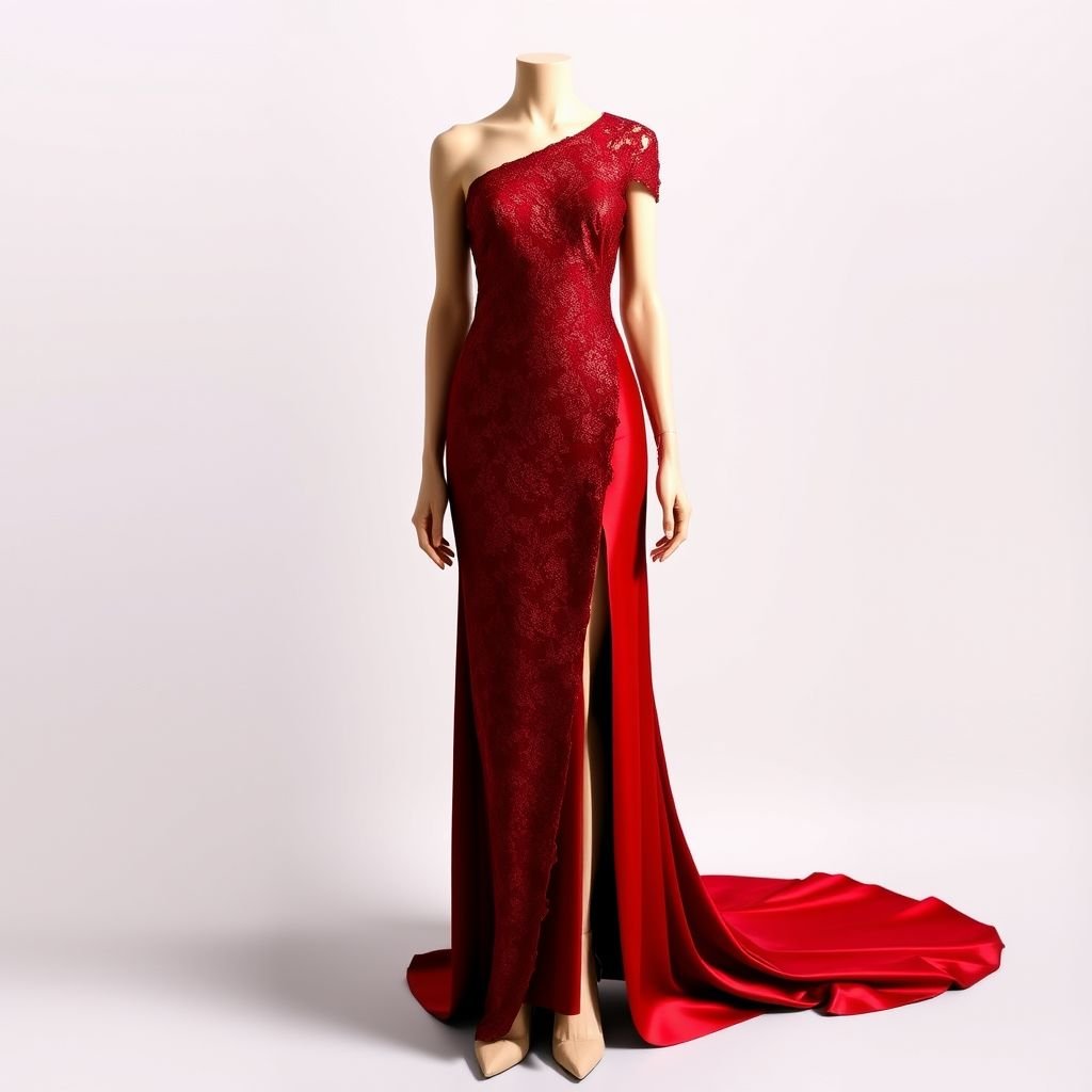 red dress
Scarlet satin, cascading to ankle length, a dramatic silhouette defined by an asymmetric neckline. Intricate lace overlays, delicate floral patterns, accentuating a fitted bodice and a flowing skirt. Shoulder cutouts reveal bare skin, while a high slit adds allure. Statement gold earrings and soft, nude heels complete this show-stopping ensemble.