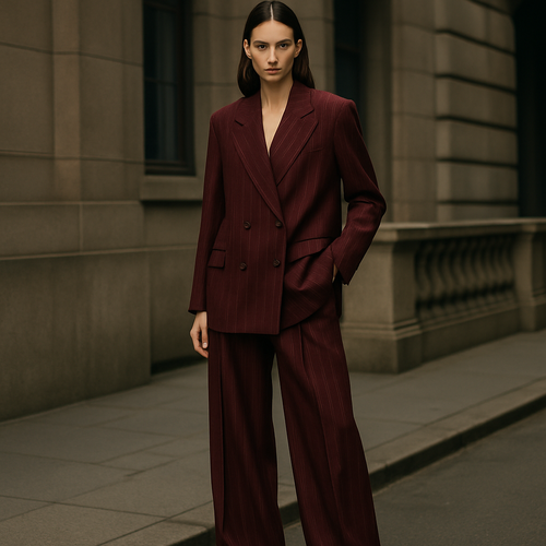 High fashion editorial shot of a model walking in the city, wearing a bordeaux oversized blazer and palazzo pants set, fabric with thin white vertical pinstripes exactly like the reference texture, luxury wool fabric, soft lighting, cinematic style, elegant and modern urban background, Vogue magazine style.”