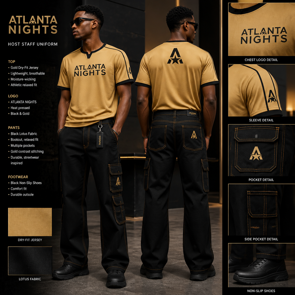 mens hostess staff uniform with gold dry fit jersey with ATLANTA NIGHTS business logo with black bootcut fit pants with multiple pockets and relaxed and gold stitching, streetwear inspired and black non-slip shoes. The uniform is made of lotus fabric. Remove lotus flower symbol from the uniform
Men's hostess staff uniform: Gold dry-fit jersey with ATLANTA NIGHTS logo. Black lotus fabric bootcut pants, relaxed fit, multiple pockets, gold stitching. Streetwear inspired. Black non-slip shoes.