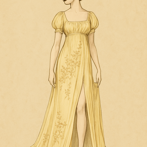 a pale yellow almost white coloured silky linen  gown with flowery embroidery, and a thigh high slit and a suit that is just below the breast