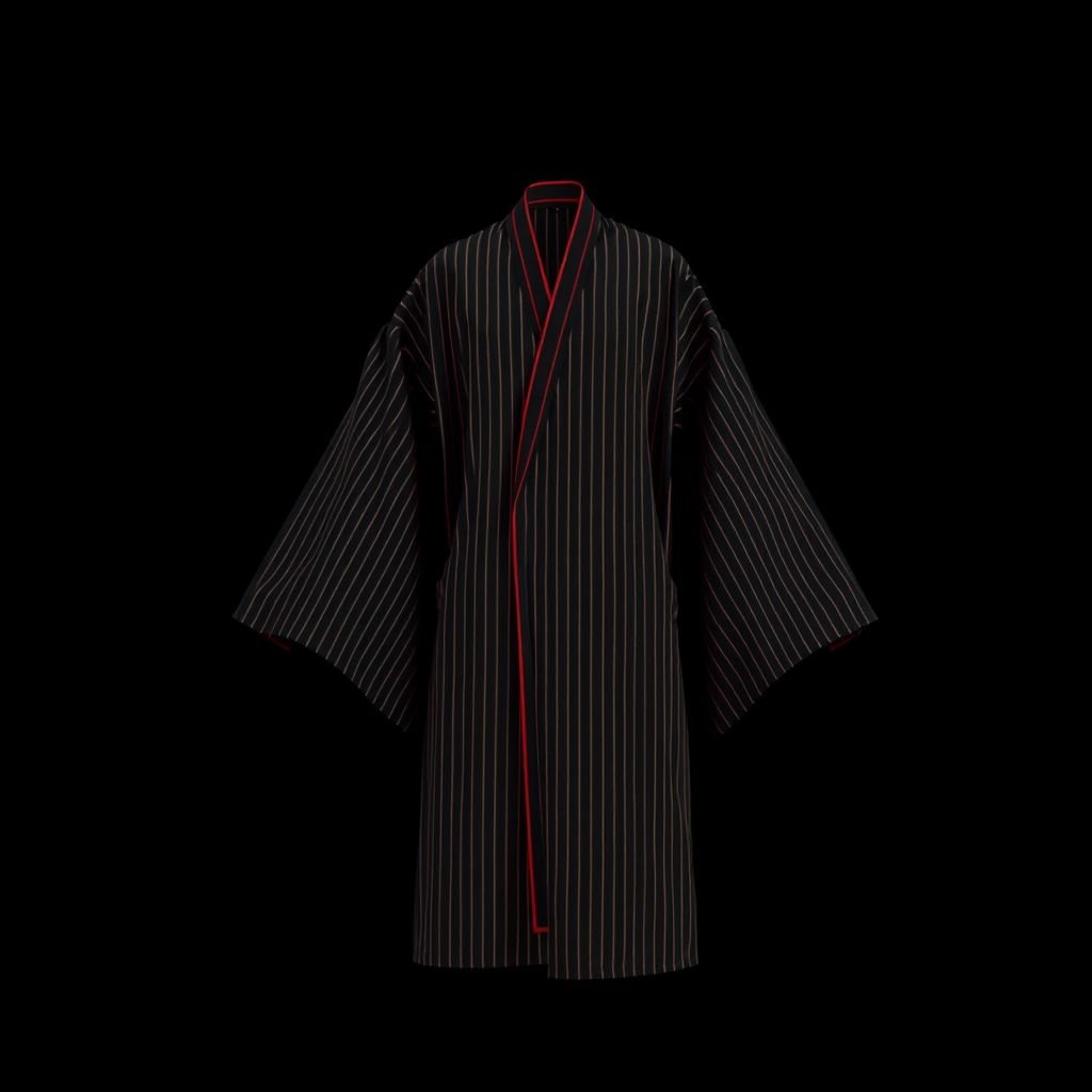 Design a men's kimono with a futuristic aesthetic, blending minimalist. Line vertical and a few line red . Pinstripe. Shaman futuristic. Black 

Men's kimono, bold black fabric, sleek minimalist lines, vertical pinstripes cascading. Red accent lines, subtle yet striking, creating a dynamic visual contrast. Shamanistic elements, a fusion of tradition and futurism, flowing silhouette, deep wide sleeves. Intricate detailing, modern craftsmanship, an ethereal aura, embodying timeless elegance and avant-garde vision. Perfect for daring fashion explorers.