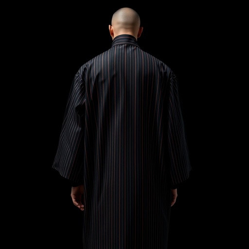 Design a men's kimono with a futuristic, minimalist aesthetic. Incorporate vertical lines and subtle red accents for contrast, using a refined pinstripe pattern. The kimono should have a shamanic, futuristic vibe with bold geometric elements and a sleek, modern silhouette. The base color should be black, with the red and pinstripe details adding a sophisticated touch of color and depth. The design should evoke both tradition and innovation, blending spiritual and technological elements."