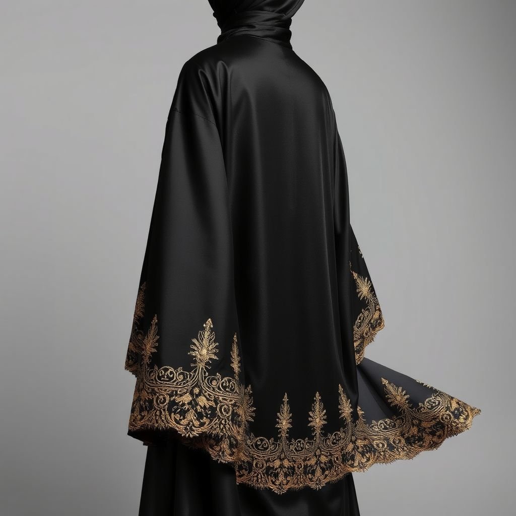 Black Arab Women's Abaya Design
Luxurious black silk abaya, cascading to the ankles, adorned with intricate gold embroidery along the sleeves and hem. Flared sleeves, effortlessly merging modesty with elegance. High collar, framing a graceful neckline. Rich satin inner lining, providing comfort. Handcrafted embellishments, featuring delicate beadwork. A striking blend of tradition and contemporary flair.