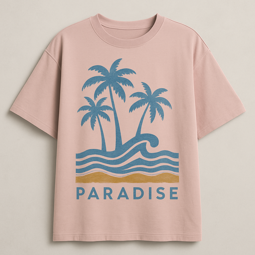 Create a collection of streetwear-inspired graphics and logos for t-shirts and hoodies, featuring oversized typography, minimalistic California surf motifs, palm trees, seagulls, waves, and abstract beach elements. Use a relaxed, youthful, urban style with muted pastels, washed denim blues, and earthy tones. Designs should look modern, trendy, and wearable, suitable for printing on apparel. High detail, vector-style clarity, bold yet casual aesthetic.

Streetwear fashion design: Oversized cotton tee, relaxed fit. Boxy silhouette. Graphic print: stylized palm trees and waves, minimal typography. Colors: muted pastel pink and washed denim blue with earthy sand tones. Modern, bold yet casual.