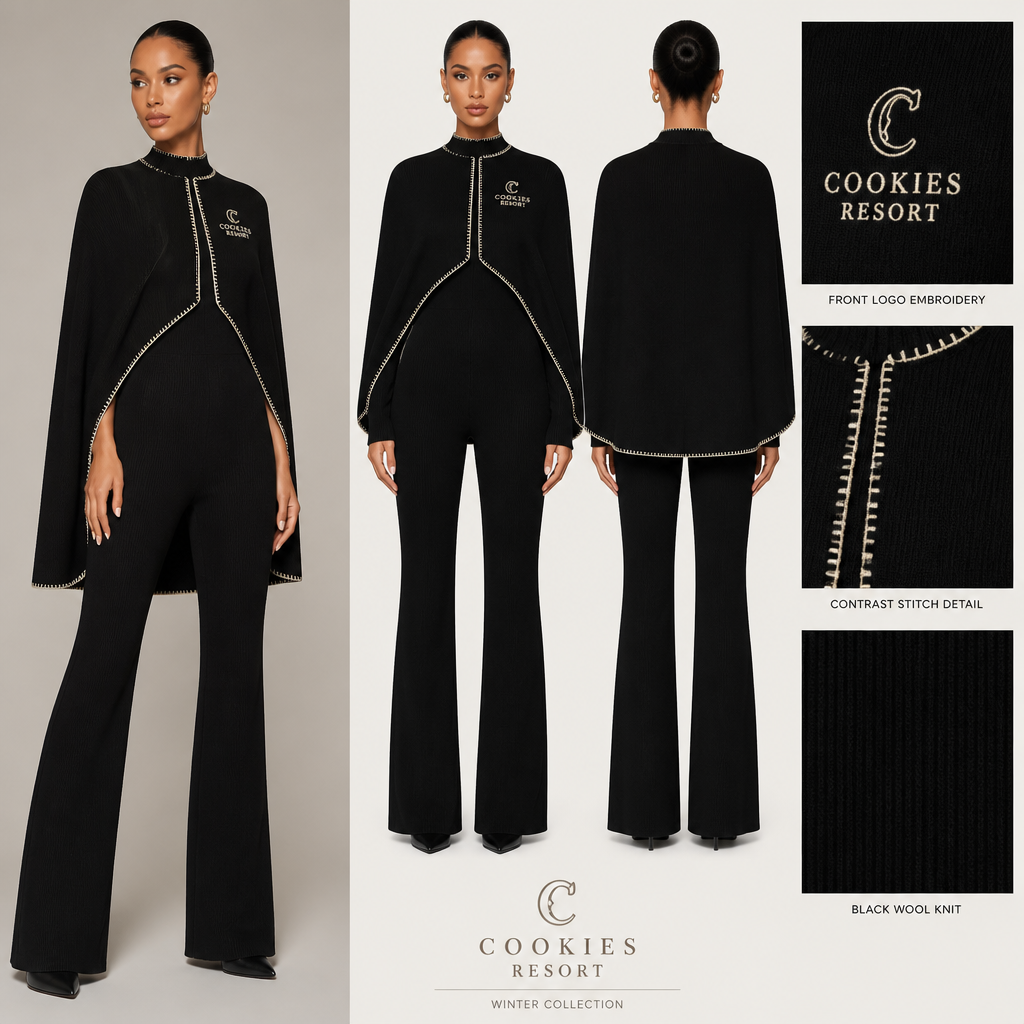 all black warm wool long sleeve front cape bootcut sweater jumpsuit with cookies resort logo and ivory stitching
Black wool knit sweater jumpsuit. Long sleeve, bootcut, with front cape. Cookies resort logo, ivory stitching.