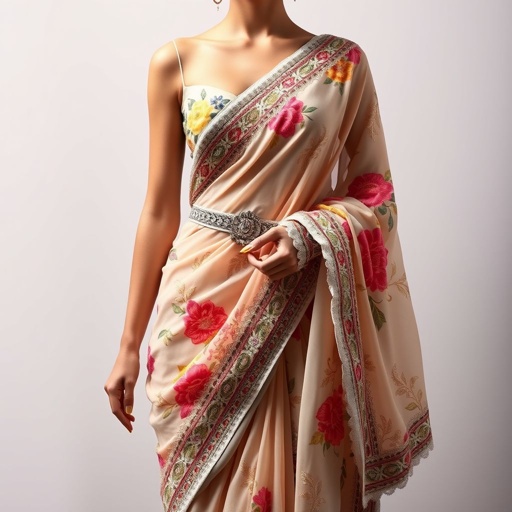 a saree with ,more revealing skin ,full body .floral design