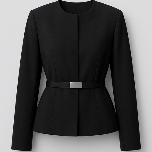 a black tailored jacket. The jacket should cinch  at the waist and be similar to a blazer but it is not a blazer. It does not have buttons. Instead it has clasps on the inside and it has a SKINNY belt in the center that has a silver plaque. It does not have collar like a blazer. No shoulder padding. Soft at shoulders and it should have more of a canvas/ polyester material. It currently is too much of a blazer and not enough of a jacket. Make it with no shoulder pads and less structure in shoulders
