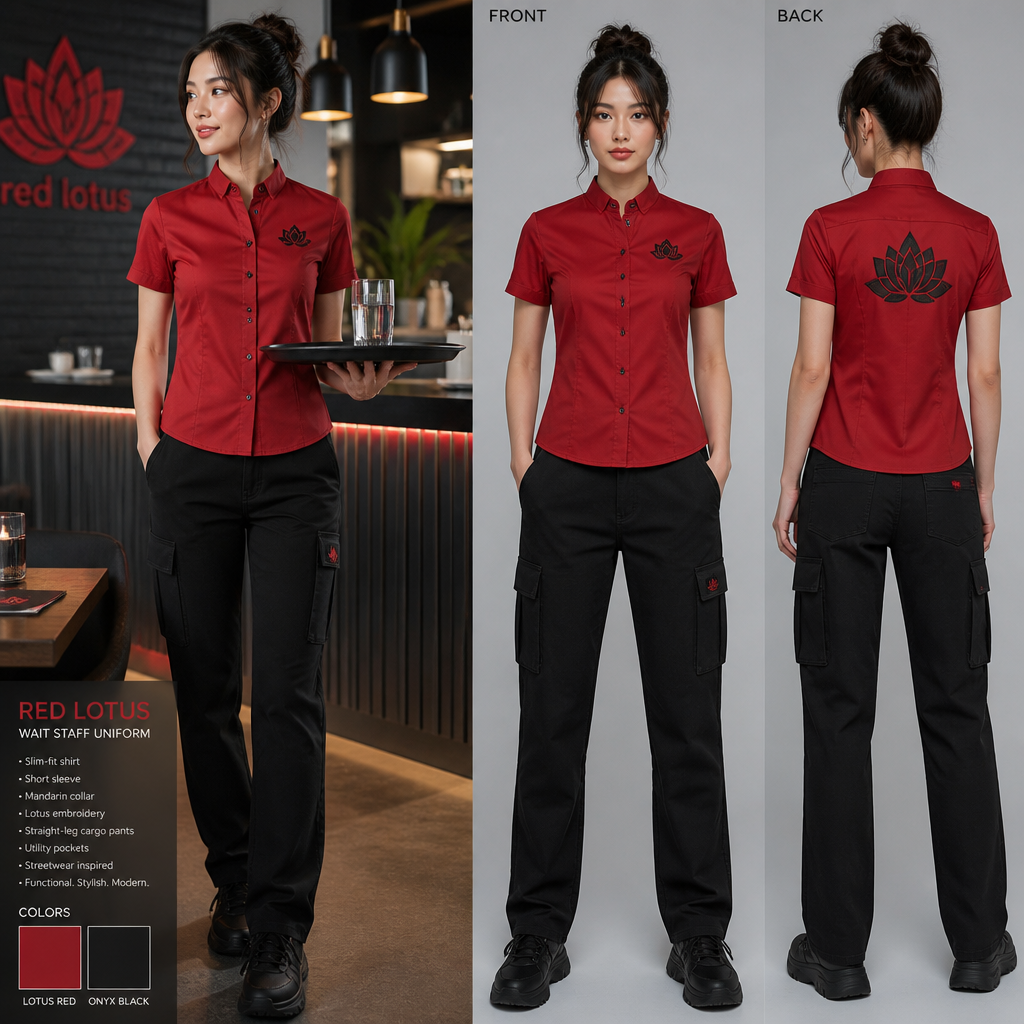 Womens streetwear wait staff uniform made of red shirt and black cargo pants with lotus fabric
Womens streetwear wait staff uniform: slim-fit red lotus shirt, short sleeve, with straight-leg black cargo pants.