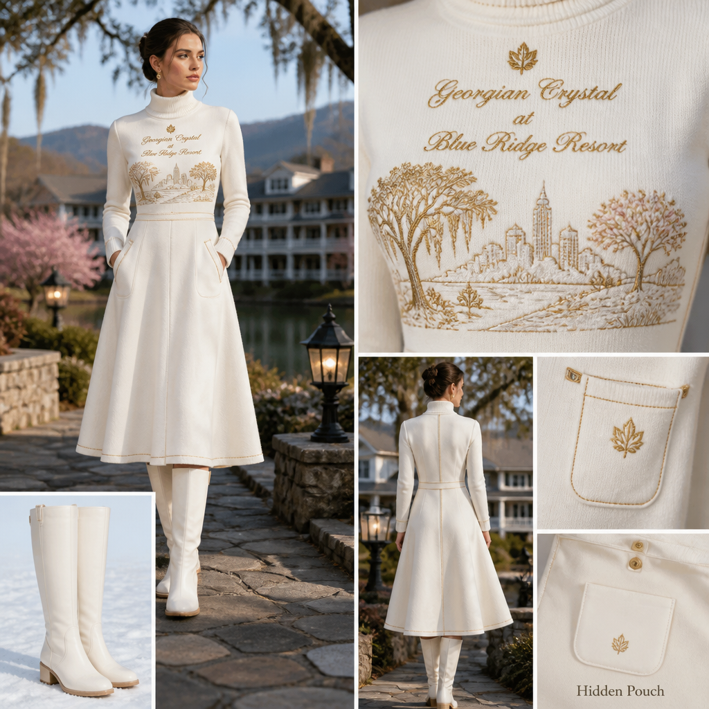 White warm turtleneck long-sleeve timeless elegance tailored shin-length dress made of alpaca wool with cursive font embroidered "Georgian Crystal at Blue Ridge Resort" on front logo with gold stitching, then add white pockets. Make sure pockets have gold stitching. Include an attachable hidden white pouch to hold pens, a small pen pad, front office cordless phone, and front office keys. Large logo should include a gold-stitched Southern Live Oak Tree with Spanish Moss and Peach Trees with fallen peaches influenced by the Atlanta skyline on the front chest area only. Create a design for women in the front office only. Include white knee-high professional snow-grade flat boots for front office team members who may need to visit the outside grounds of the resort in the snow. no laces on boots
White alpaca wool turtleneck midi dress. A-line silhouette, fitted bodice, long sleeves. Cursive "Georgian Crystal at Blue Ridge Resort" with gold embroidered logo. Southern Live Oak, Spanish Moss, Peach Trees, Atlanta skyline pattern on chest, gold stitching. White pockets with gold stitching. Hidden white pouch inside. White knee-high snow boots, no laces.