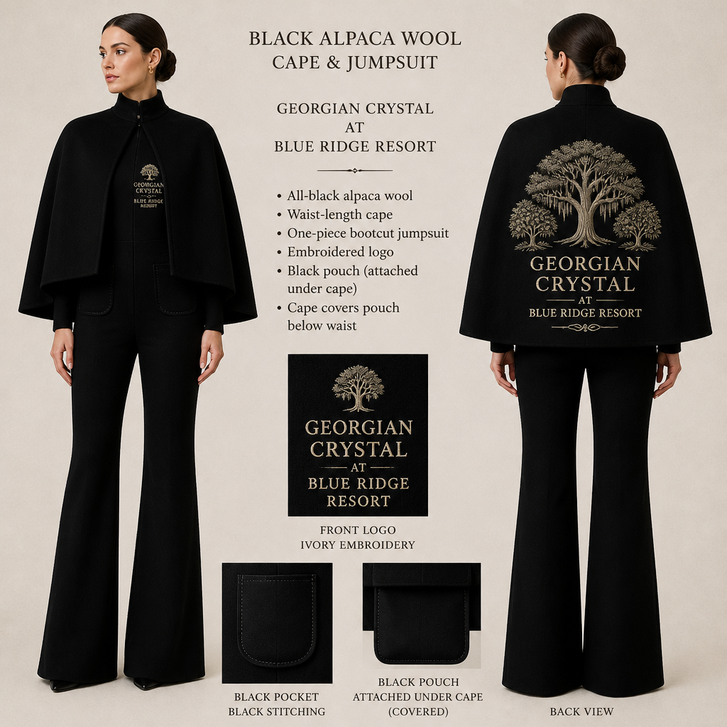 All-black warm long-sleeve cape, waist-length, all-around one-piece bootcut alpaca wool jumpsuit with "Georgian Crystal at Blue Ridge Resort" embroidered front logo with Ivory stitching, then add black pockets. Make sure pockets have black stitching. Include an attachable black pouch under the cape to hold pens, a small pen pad, front office cordless phone, and front office keys. Back of cape must show logo large with Southern Live Oak Tree With Spanish Moss and Peach Trees with fallen peaches gracing the edges of the back cape like the atlanta skyline. Please make sure cap is large enough to cover the pouch reaching below the waist
All-black warm alpaca wool cape, waist-length. All-around one-piece bootcut alpaca wool jumpsuit, "Georgian Crystal at Blue Ridge Resort" embroidered front logo with ivory stitching, black pockets with black stitching. Attach black pouch under cape. Back of cape shows large logo with Southern Live Oak Tree With Spanish Moss and Peach Trees. Cape covers pouch below waist.