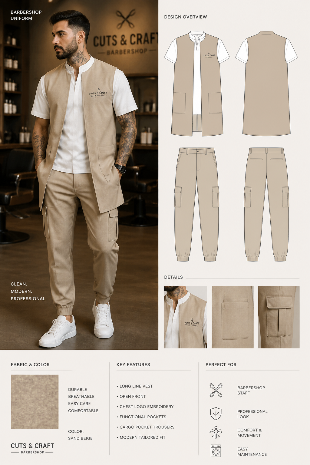 barber shop uniform with open beige longline vest and beige cargo trousers
barber shop uniform with open beige longline vest and beige cargo trousers