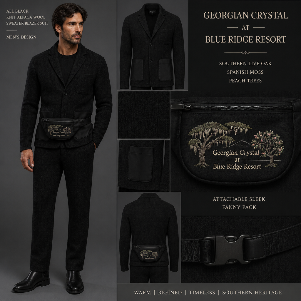 All Black warm long-sleeve alpaca wool full sweater tailored blazer suit with black pockets. Make sure pockets have black stitching. Include an attachable black sleek fanny pack to hold pens, a small pen pad, front office cordless phone, and front office keys. The logo should have the business name "Georgian Crystal at Blue Ridge Resort" embroidered with Ivory stitching, then include an ivory embroidered Southern Live Oak Tree with Spanish Moss and Peach Trees with fallen peaches gracing it like the Atlanta skyline. Please create a design for men only. Remove logo from back of tailored sweater blazer
All Black warm long-sleeve knit alpaca wool full sweater blazer suit with black patch pockets. Straight cut silhouette. Includes attachable black sleek fanny pack. "Georgian Crystal at Blue Ridge Resort" with Ivory stitching, Southern Live Oak, Spanish Moss, and Peach Trees embroidered on fanny pack. Men's design.