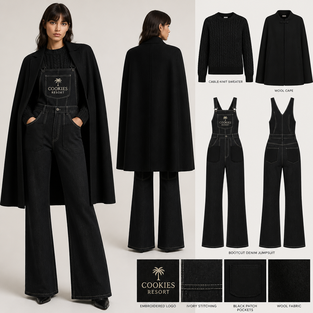 All-black warm sweater, long-sleeve cape same length front and back, bootcut jumpsuit with cookies resort logo and ivory stitching, then add black pockets. make sure pockets have black stitching only
**All-black cable-knit sweater, regular fit. Black wool cape, straight cut. Bootcut denim jumpsuit with cookies resort logo and ivory stitching. Black patch pockets with black stitching.**