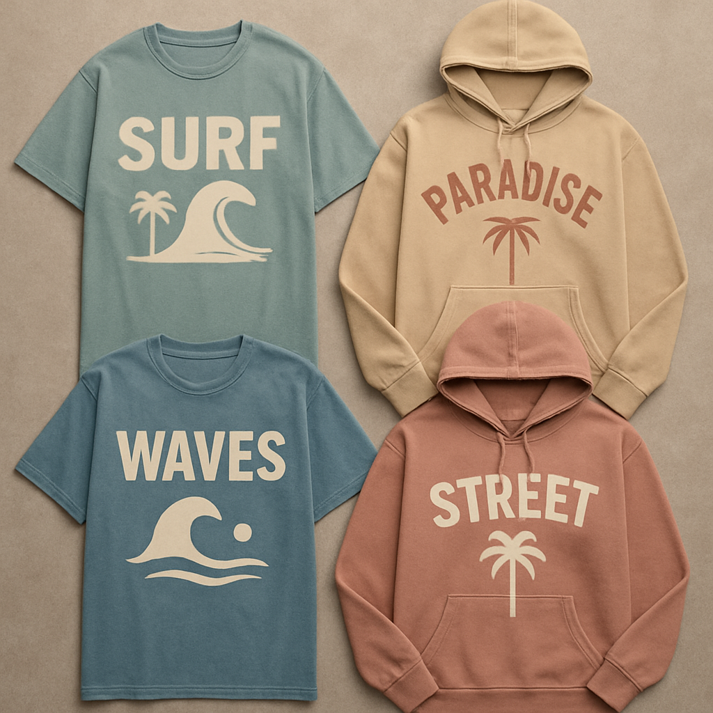 Create a collection of streetwear-inspired graphics and logos for t-shirts and hoodies, featuring oversized typography, minimalist, surf type vibes, palm trees, seagulls, waves, and abstract beach elements. Use a relaxed, youthful, urban style with muted pastels, washed denim blues, and earthy tones. Designs should look modern, trendy, and wearable, suitable for printing on apparel. High detail, vector-style clarity, bold yet casual aesthetic.

Streetwear fashion design: Oversized tees and hoodies. Relaxed fit. Cotton fabric. Muted pastel, washed denim, earthy colors. Graphic streetwear: bold typography, minimalist surfing art, palm trees, waves. Urban, youthful feel. Modern, wearable designs.