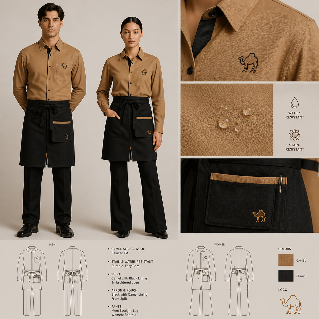 Create a uniform for wait staff that is camel colored, tailored, relaxed fit, made of alpaca wool, stain-resistant, and water-resistant. Include pants and apron. Button-down shirt should be camel colored with black lining with black embroidered letters that state The Georgian Crystal at Blue Ridge Resort and include a Southern Live Oak Tree with Spanish Moss and Peach Trees with fallen peaches; pants should be black, and the apron and pouch should be black. The black apron and black pouch should have camel lining. The black apron needs to have a small front-facing camel-lined split. Women's pants should be bootcut, non-jean.
Camel alpaca wool uniform, relaxed fit. Stain and water-resistant. Camel button-down shirt, black lining, embroidered logo. Black pants: men's straight-leg, women's bootcut. Black apron and pouch, camel lining. Apron has a small front split.